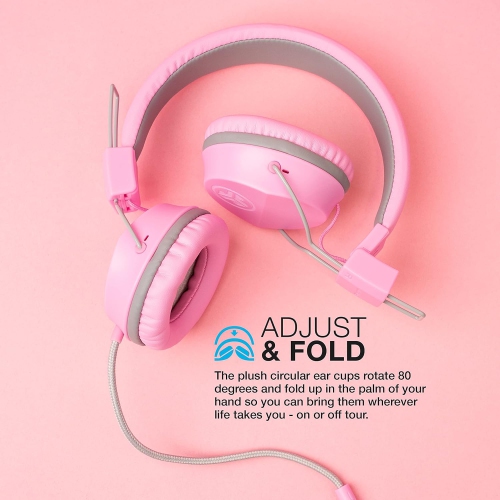 On-Ear Kids Wired Headphones, Toddler Headphones, Studio Volume Safe, Folding, Adjustable, Noise Isolation, with Mic, Pink
