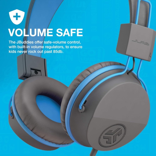 On-Ear Kids Wired Headphones, Toddler Headphones, Studio Volume Safe, Folding, Adjustable, Noise Isolation, with Mic, Blue/Grey