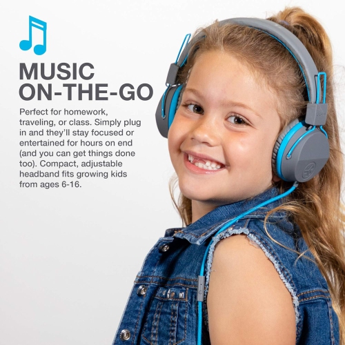 On-Ear Kids Wired Headphones, Toddler Headphones, Studio Volume Safe, Folding, Adjustable, Noise Isolation, with Mic, Blue/Grey