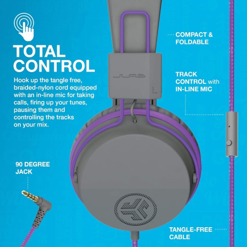 On-Ear Kids Wired Headphones, Toddler Headphones, Studio Volume Safe, Folding, Adjustable, Noise Isolation, with Mic, Purple/Gray
