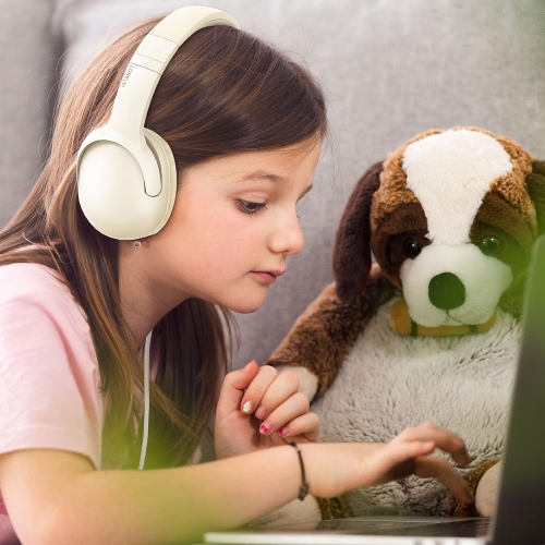 Casque d'écoute filaire stéréo pliable pour enfants, casque d'écoute stéréo filaire, enfants, école, tablette, iPad, enfant, avion, blanc beige
