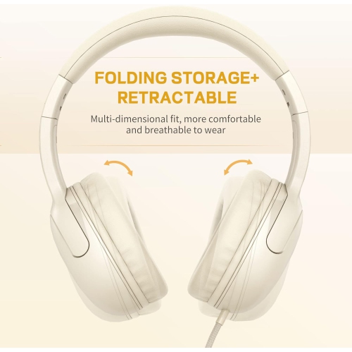 Wired Headphones for Kids Foldable Jack Tangle Free Nylon Wire Stereo On Ear Headsets for Kids/Children/School/Tablet/Ipad/Kiddle, Beige White