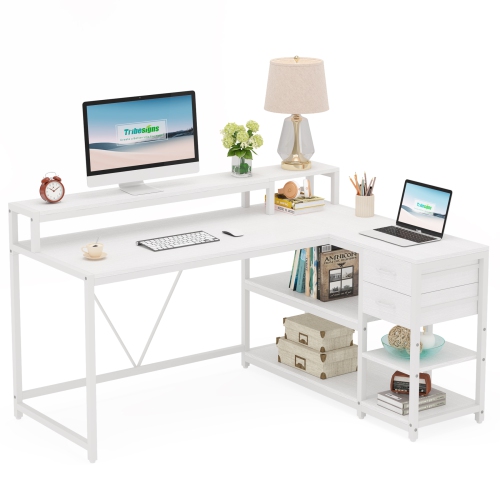 TRIBESIGNS  55" L-Shaped Computer Desk, Modern Reversible Corner Desk With Monitor Stand