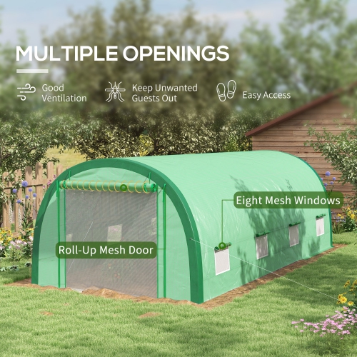 Serre-tunnel Outsunny de 19 x pi avec structure améliorée, 8 fenêtres en filet, tente de maison chaude avec couverture en PE, 15 gants pour plantes,