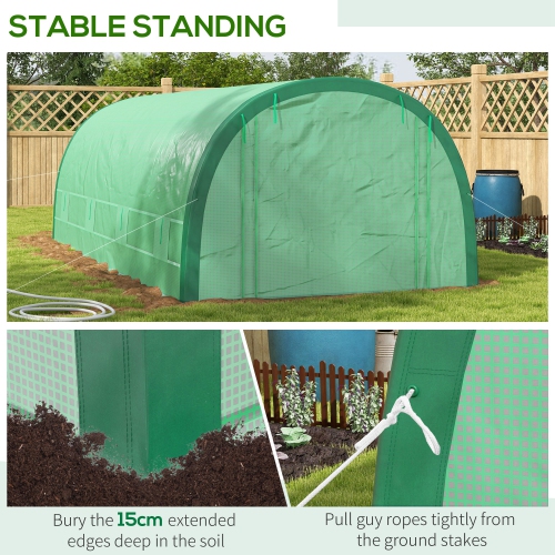 Serre-tunnel Outsunny de 19 x pi avec structure améliorée, 8 fenêtres en filet, tente de maison chaude avec couverture en PE, 15 gants pour plantes,