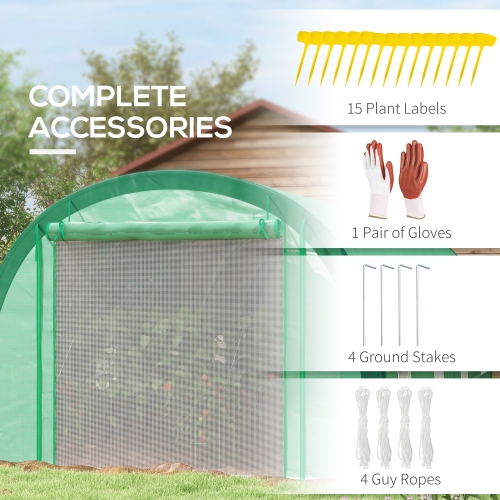 Serre-tunnel Outsunny de 19 x pi avec structure améliorée, 8 fenêtres en filet, tente de maison chaude avec couverture en PE, 15 gants pour plantes,