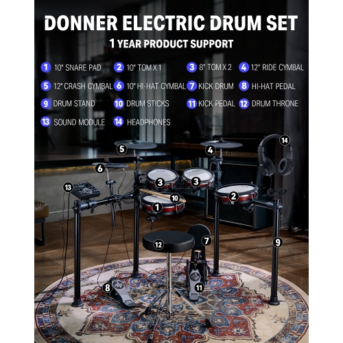 Donner DED-200 MAX Electronic Drum Set 5-Drum 3-Cymbal with Drum Throne/Headphone