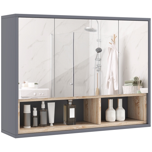 HOMCOM – Armoire à pharmacie avec miroir, armoire murale miroir de salle de bain avec tablettes, armoire de rangement à 3 portes, gris