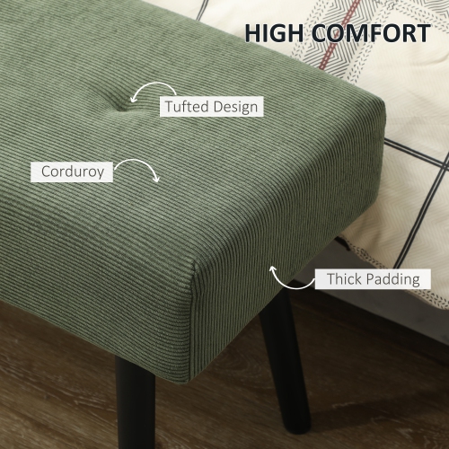 HOMCOM 39" Upholstered Bedroom Entryway Bench, Modern Corduroy Tufted End of Bed Bench with Padded Seat and Steel Legs for Living Room, Hallway, Green