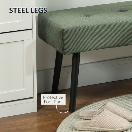 HOMCOM 39" Upholstered Bedroom Entryway Bench, Modern Corduroy Tufted End of Bed Bench with Padded Seat and Steel Legs for Living Room, Hallway, Green