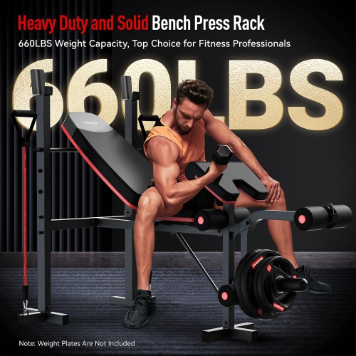 HARISON 6 in 1 Weight Bench Set with Leg Extension and Preacher Curl, 660 LBS Workout Bench Press Rack for Home Gym with Resistance Bands