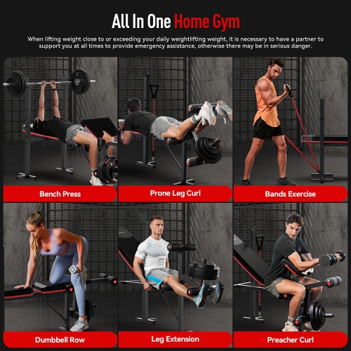 HARISON 6 in 1 Weight Bench Set with Leg Extension and Preacher Curl, 660 LBS Workout Bench Press Rack for Home Gym with Resistance Bands