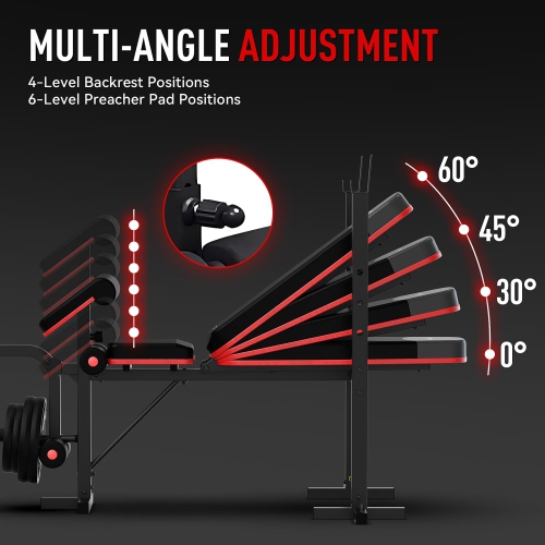HARISON 6 in 1 Weight Bench Set with Leg Extension and Preacher Curl, 660 LBS Workout Bench Press Rack for Home Gym with Resistance Bands