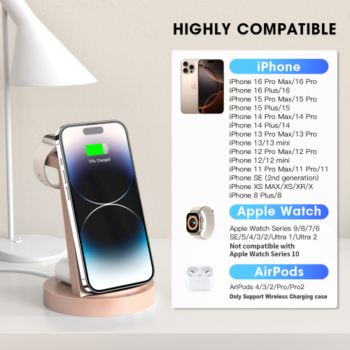 Station de recharge 3-en-1 d'Iseyyox pour iPhone, chargeur sans fil pour iPhone 16 15 14 13 12 11 X Pro Max et Apple Watch - Station de chargement