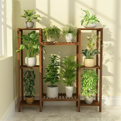 UNHO Plant Stand Indoor Outdoor Tall Plant Shelf for Multiple Plants, 8 Tiers Large Plant Rack Wood Plant Holder Plant Shelves for Room Corner