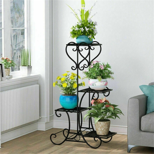 UNHO 4 Tiers Metal Wrought Iron Plant Stand Outdoor Garden Flower Display Rack Potted Shelf Holder Home Decoration