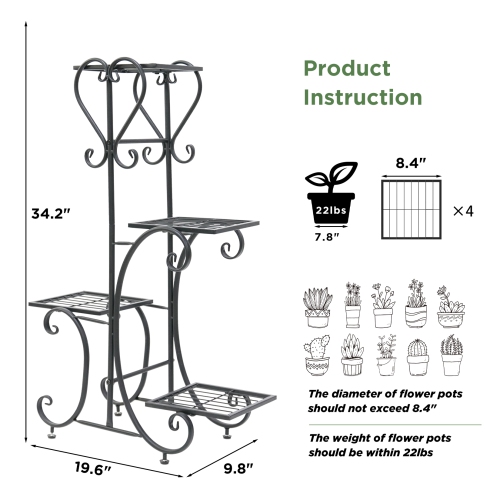 UNHO 4 Tiers Metal Wrought Iron Plant Stand Outdoor Garden Flower Display Rack Potted Shelf Holder Home Decoration