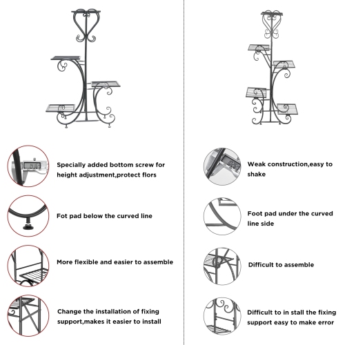 UNHO 4 Tiers Metal Wrought Iron Plant Stand Outdoor Garden Flower Display Rack Potted Shelf Holder Home Decoration
