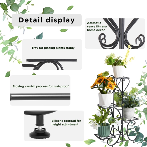 UNHO 4 Tiers Metal Wrought Iron Plant Stand Outdoor Garden Flower Display Rack Potted Shelf Holder Home Decoration