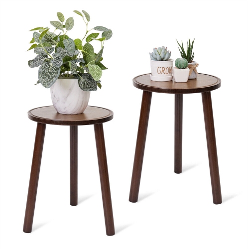 UNHO 2 Pack Small Round Bamboo Coffee Side Table Mid Century Tripod Plant Holder 42cm Tall for Home Decor