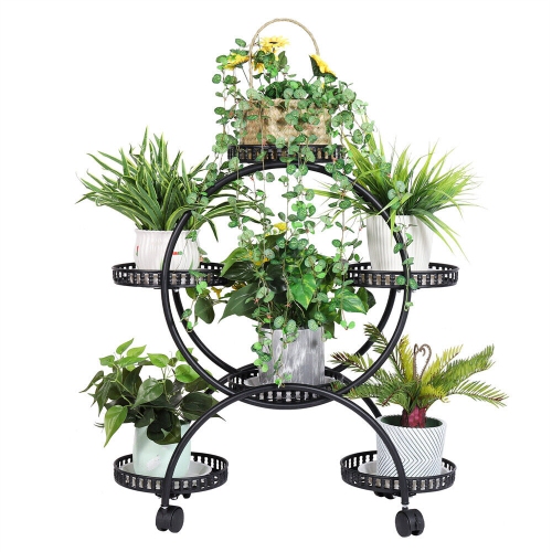 UNHO  6 Pot Metal Plant Stand Decorative Flower Pot Holder Garden Display Rack With Wheels for Indoor Outdoor Decorative