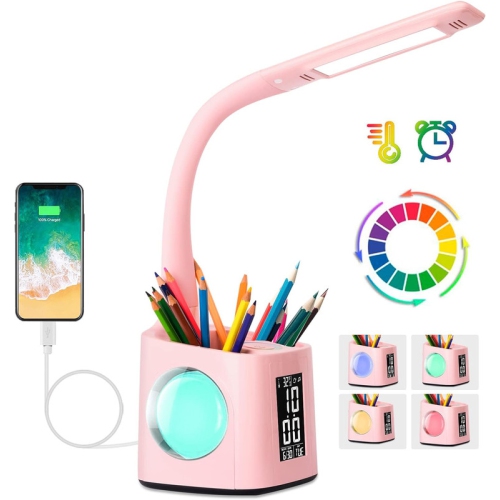 YOULIGHTS Led Desk Lamp With Clock, Color Changing Nightlight, Study Lamp With Pen Holder, Desk Light With USB Charger, Table Light for Home, Office, Gift for Kids, Students, Women