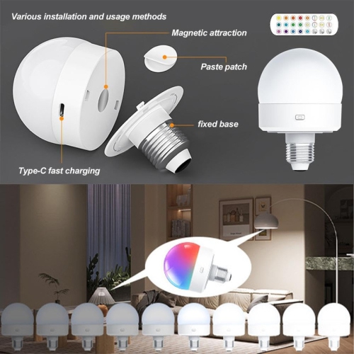 Rechargeable Light Bulb with Remote,E26 Smart RGB Color Changing Bulb,Cordless E26 LED Battery Powered Light Bulb for Non-Hardwired Lamps,3 Color