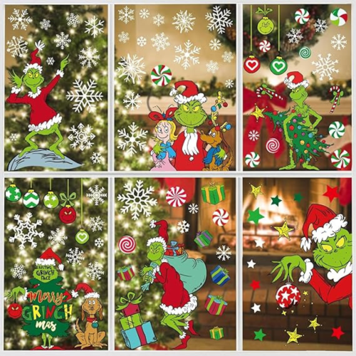 100 PCS Christmas Window Clings - Christmas Window Clings for Glass Windows,Christmas Elf Faces Window Stickers with Snowflake,Double Sided Static