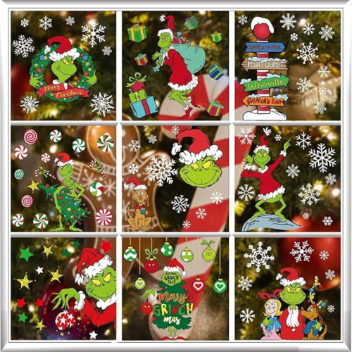 100 PCS Christmas Window Clings - Christmas Window Clings for Glass Windows,Christmas Elf Faces Window Stickers with Snowflake,Double Sided Static