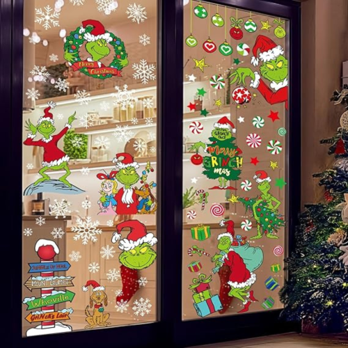 100 PCS Christmas Window Clings - Christmas Window Clings for Glass Windows,Christmas Elf Faces Window Stickers with Snowflake,Double Sided Static
