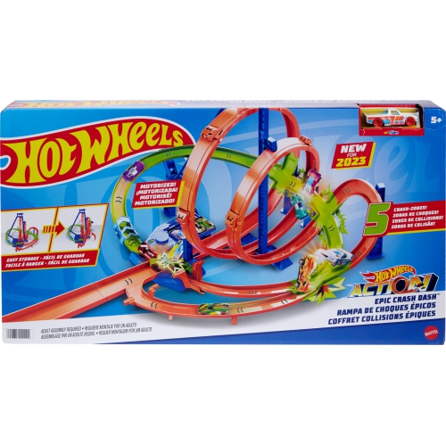Hot Wheels Toy Car Track Set Action Epic Crash Dash with 1:64 Scale Car & 5 Crash Zones, Powered by Motorized Booster
