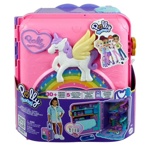 Ensemble de jeu Pollyville Polly Pocket, valise à roulettes Resort, grand jouet de voyage avec 4 poupées, voiture, plus de 25 accessoires et rangement