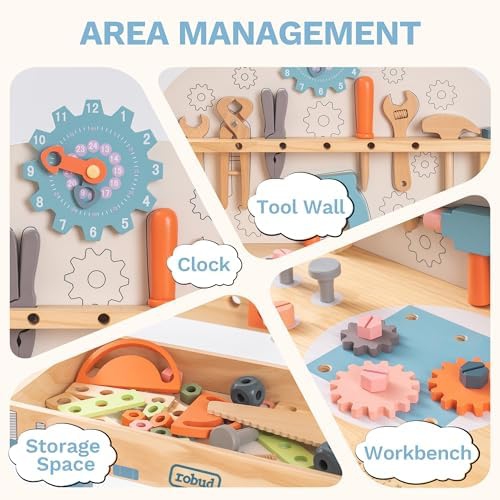 ROBUD Large Wooden Play Tool Workbench Set for Kids Toddlers, Construction Workshop Tool Bench Toys Gift