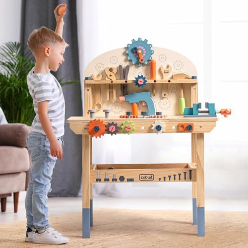 ROBUD Large Wooden Play Tool Workbench Set for Kids Toddlers, Construction Workshop Tool Bench Toys Gift