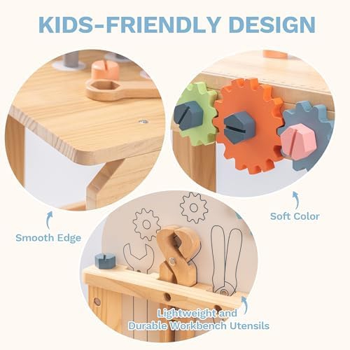ROBUD Large Wooden Play Tool Workbench Set for Kids Toddlers, Construction Workshop Tool Bench Toys Gift