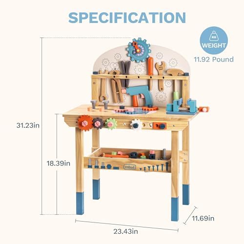 ROBUD Large Wooden Play Tool Workbench Set for Kids Toddlers, Construction Workshop Tool Bench Toys Gift