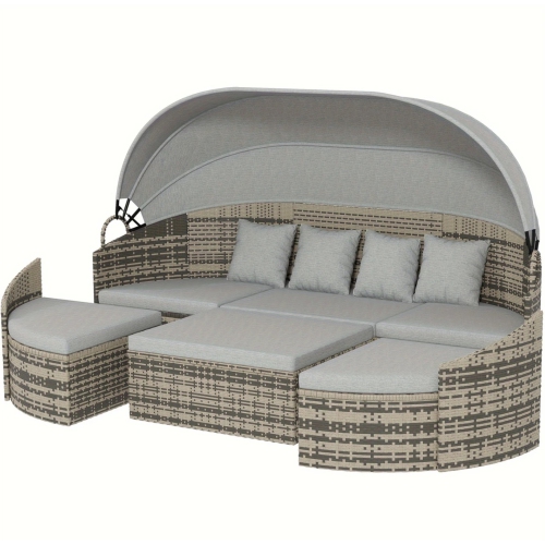 PRISMI  4 Pieces Rattan Daybed Patio Pe Wicker Round Furniture Outdoor Rattan Garden Lounge Sofa Sets Sectional Conversation Set \w Canopy, Cushions