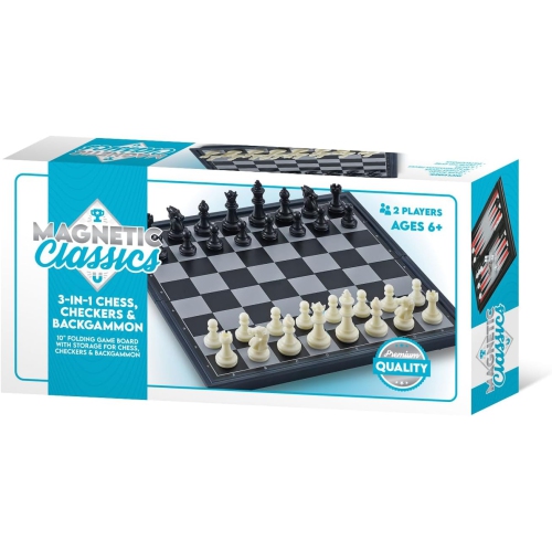 TRADEOPIA  Magnetic Classics 10-Inch 3-In-1 Chess, Checkers & Backgammon Board Game – Durable, Travel-Friendly Family Fun