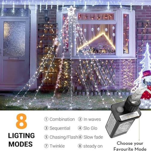 Christmas Lights, 317 LED 10ft X 9 Outdoor Christmas Decorations Lights with 12" Topper Star, 8 Lighting Modes Outside Christmas Tree Lights
