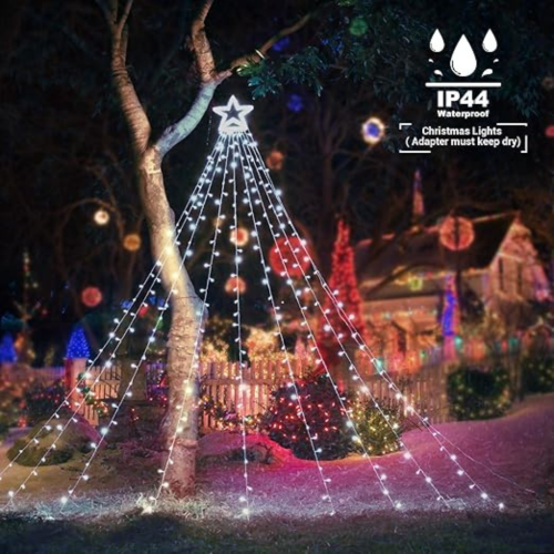 Christmas Lights, 317 LED 10ft X 9 Outdoor Christmas Decorations Lights with 12" Topper Star, 8 Lighting Modes Outside Christmas Tree Lights