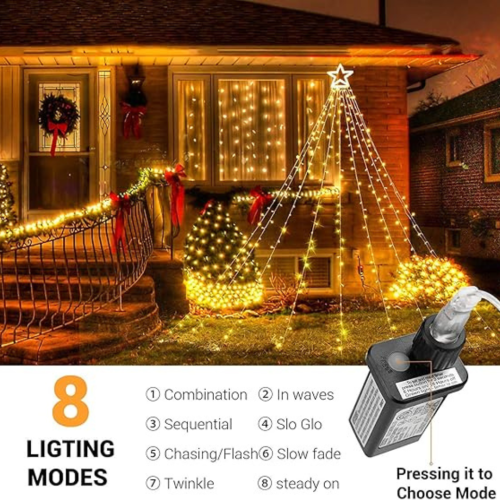 Christmas Lights, 317 LED 10ft X 9 Outdoor Christmas Decorations Lights with 12" Topper Star, 8 Lighting Modes Outside Christmas Tree Lights