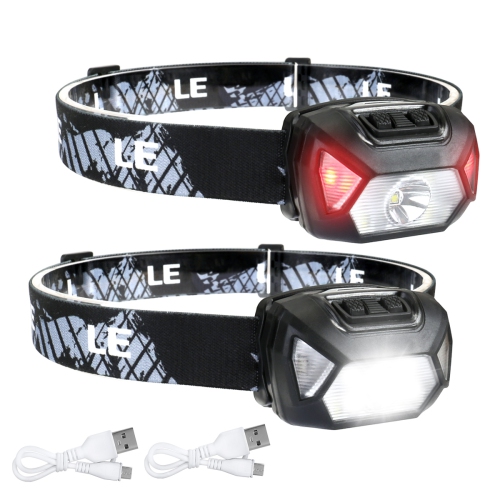 LE Headlamp Rechargeable 2-Pack, 2000 Lux Super Bright LED Headlamp with Red and White Light, 6 Lighting Modes Hardhat Head Lamp, Waterproof Lightwei