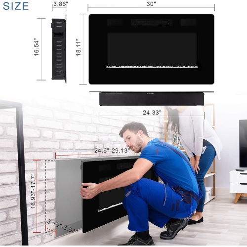 ZAFRO 30 inch Wall Mounted Recessed Electric Fireplace Insert, Ultra-Thin Lightweight LED Fireplace Heater, Fit 2x4&2x6 Stud w/Touch Screen,Remote