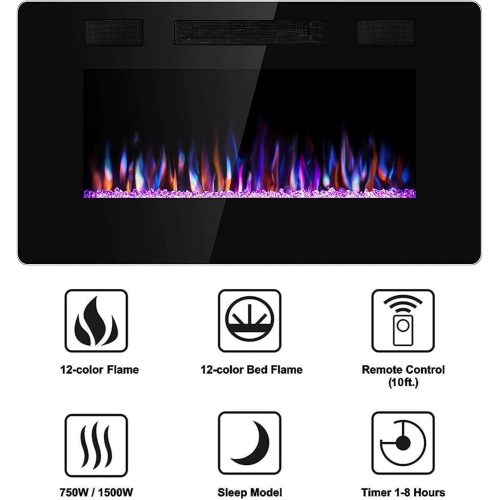 ZAFRO 30 inch Wall Mounted Recessed Electric Fireplace Insert, Ultra-Thin Lightweight LED Fireplace Heater, Fit 2x4&2x6 Stud w/Touch Screen,Remote