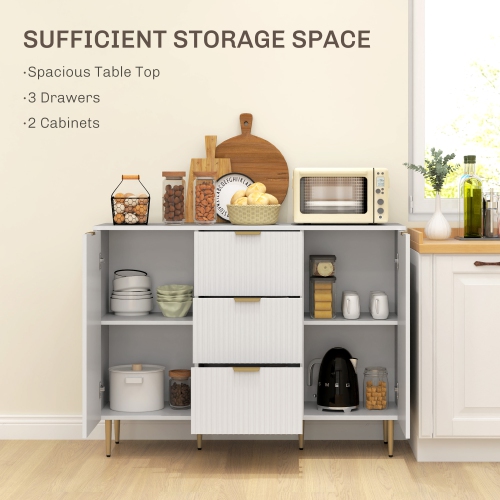 HOMCOM Sideboard Buffet Cabinet, Modern Kitchen Storage Cabinet with 3 Drawers and Adjustable Shelves, Fluted Coffee Bar Cabinet with Metal Legs for
