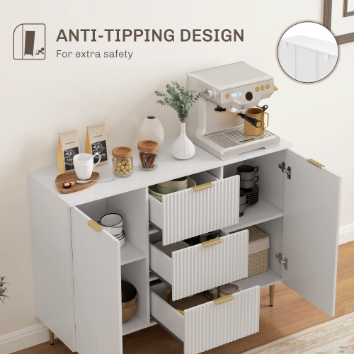 HOMCOM Sideboard Buffet Cabinet, Modern Kitchen Storage Cabinet with 3 Drawers and Adjustable Shelves, Fluted Coffee Bar Cabinet with Metal Legs for