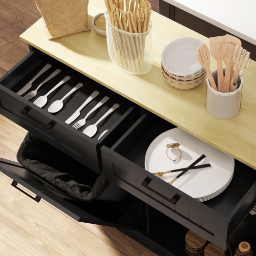 HOMCOM Farmhouse Tilt Out Garbage Cabinet, 10 Gallon Freestanding Kitchen Island with 2 Drawers and Spice Rack, Trash Cabinet with Storage for Dining