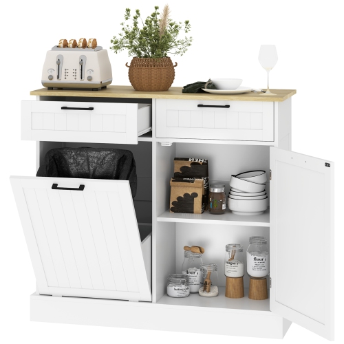 HOMCOM – Armoire à poubelle inclinable, îlot de cuisine autonome de 10 gallons avec 2 tiroirs, armoire à poubelle dissimulée pour la lessive, couloir