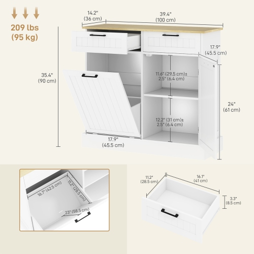 HOMCOM Tilt Out Garbage Cabinet, 10 Gallon Freestanding Kitchen Island with 2 Drawers, Beadboard Trash Cabinet with Storage for Dining Room, Hallway,
