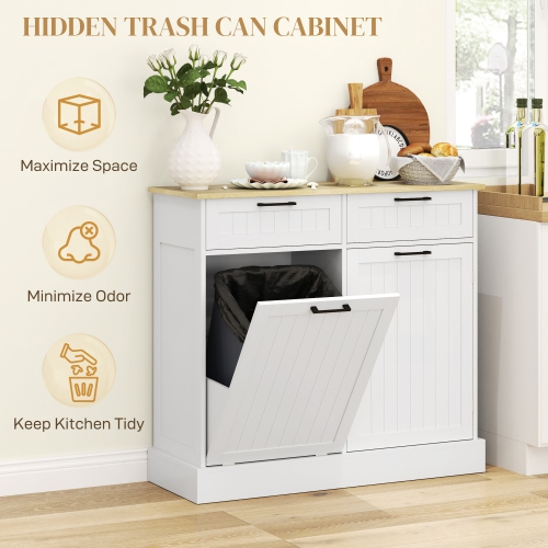 HOMCOM Tilt Out Garbage Cabinet, 10 Gallon Freestanding Kitchen Island with 2 Drawers, Beadboard Trash Cabinet with Storage for Dining Room, Hallway,